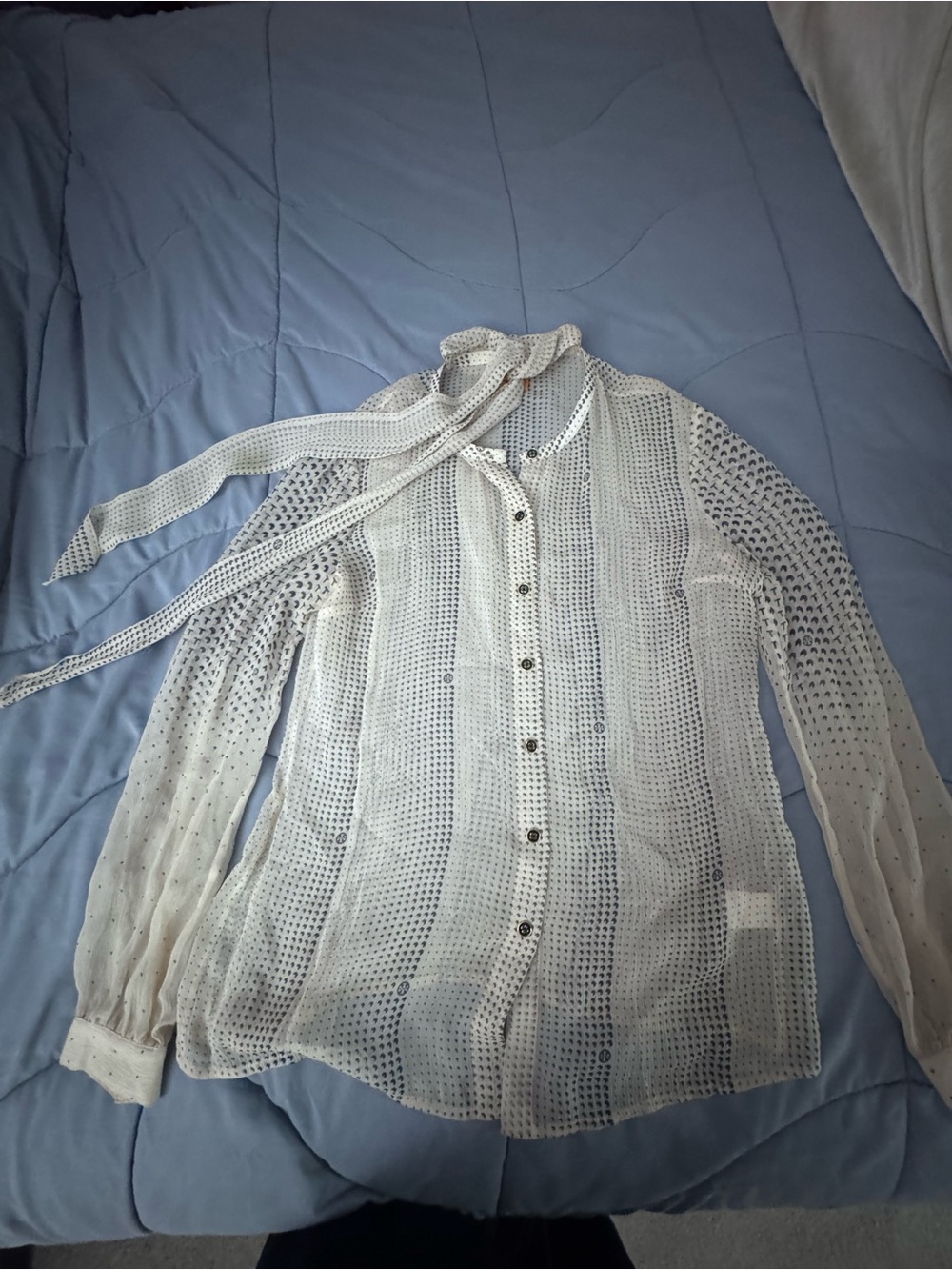 Tory Burch Ivory Sheer Button-Down Tie-Neck Blouse